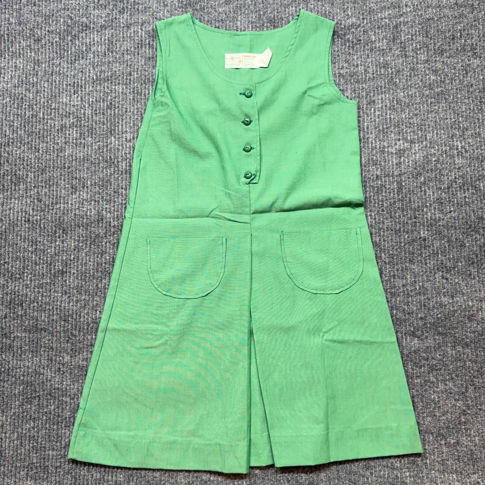 Vintage 60s Girl Scouts Green Uniform Jumper‎ Dress Button Front Pockets Size 12